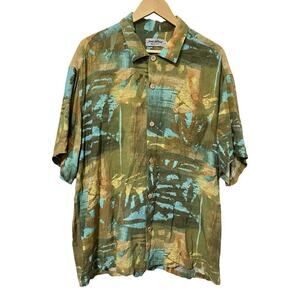 Jams World Hawaiian Abstract Rayon‎ Button Shirt Mens Size XL Green Fern Patch